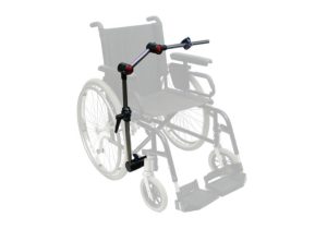 A photo of a standard manual wheelchair with a Daessy Mount attached