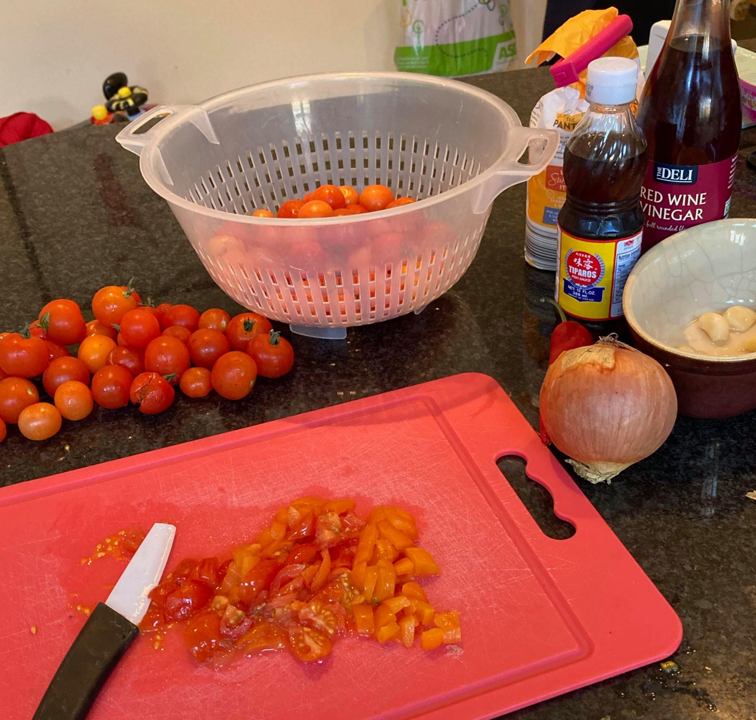 chopping board of produce and ingredients