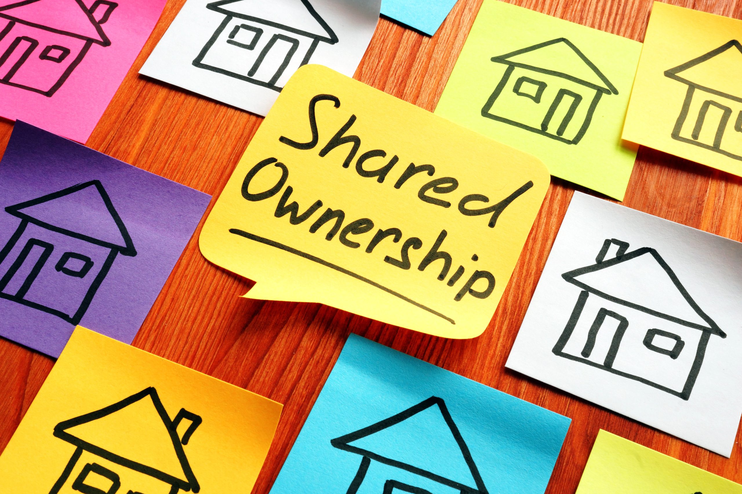 Board of sticky notes with a note that says shared ownership in focus