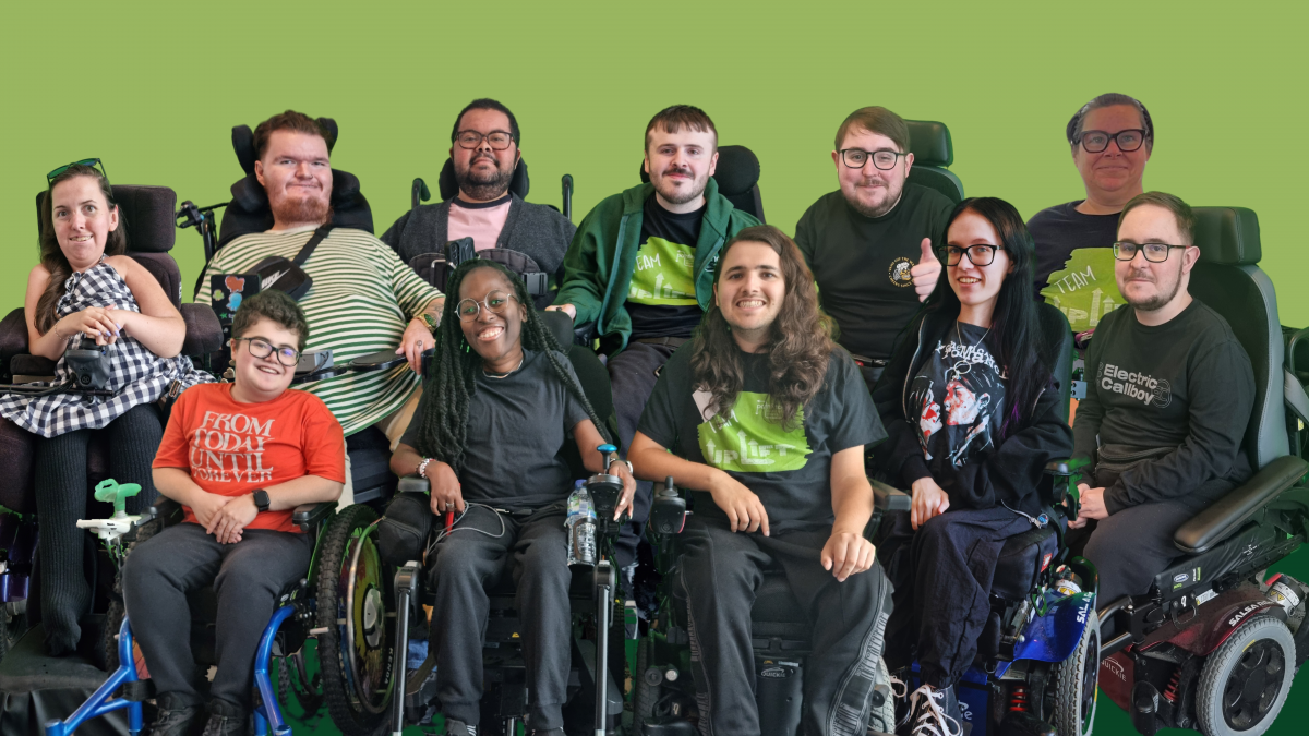 An image with a green background. It is a composite of photos of Pathfinders members, showing a group of people seated in electric wheelchairs