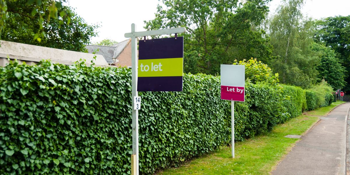 A set of estate agent boards on a street. This is for an article about housing.