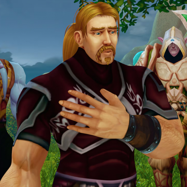 A warcraft character, a human man dressed in black with a beard and ponytail