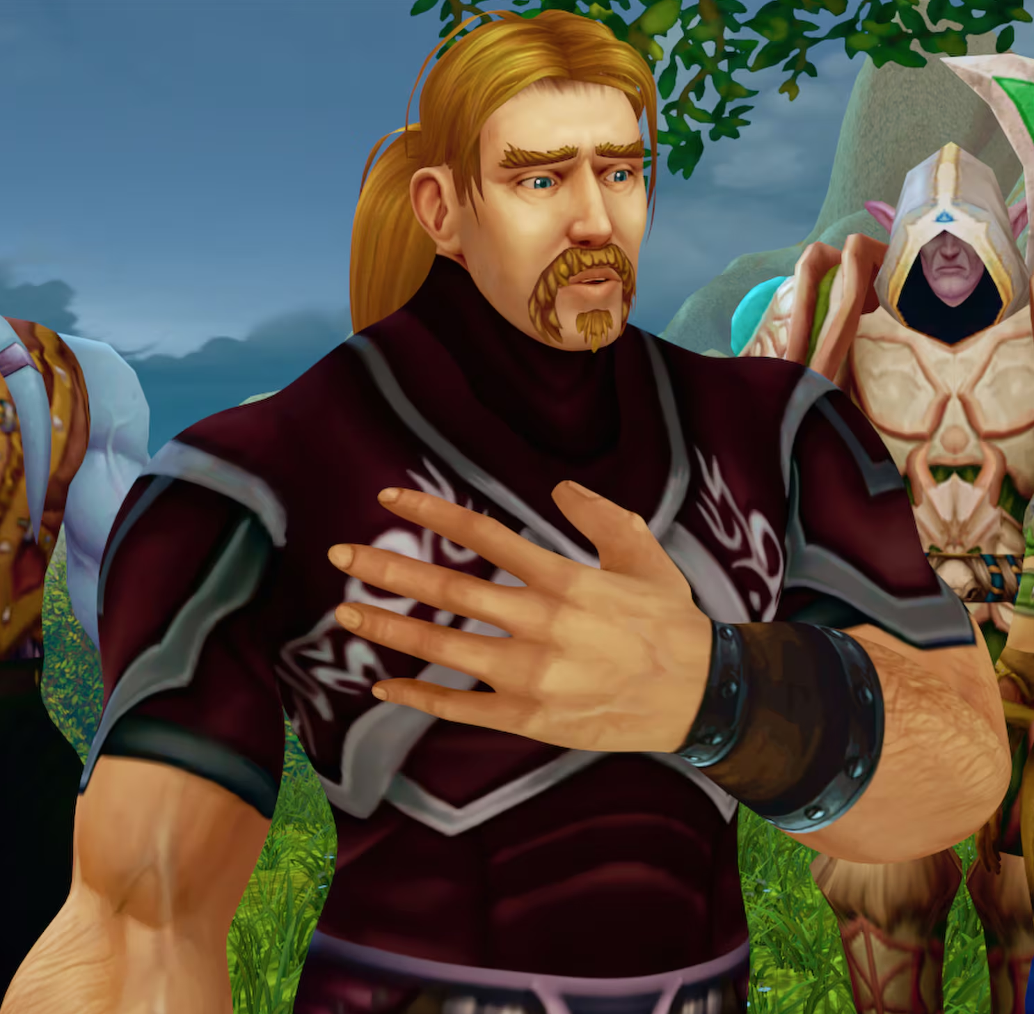 A warcraft character, a human man dressed in black with a beard and ponytail