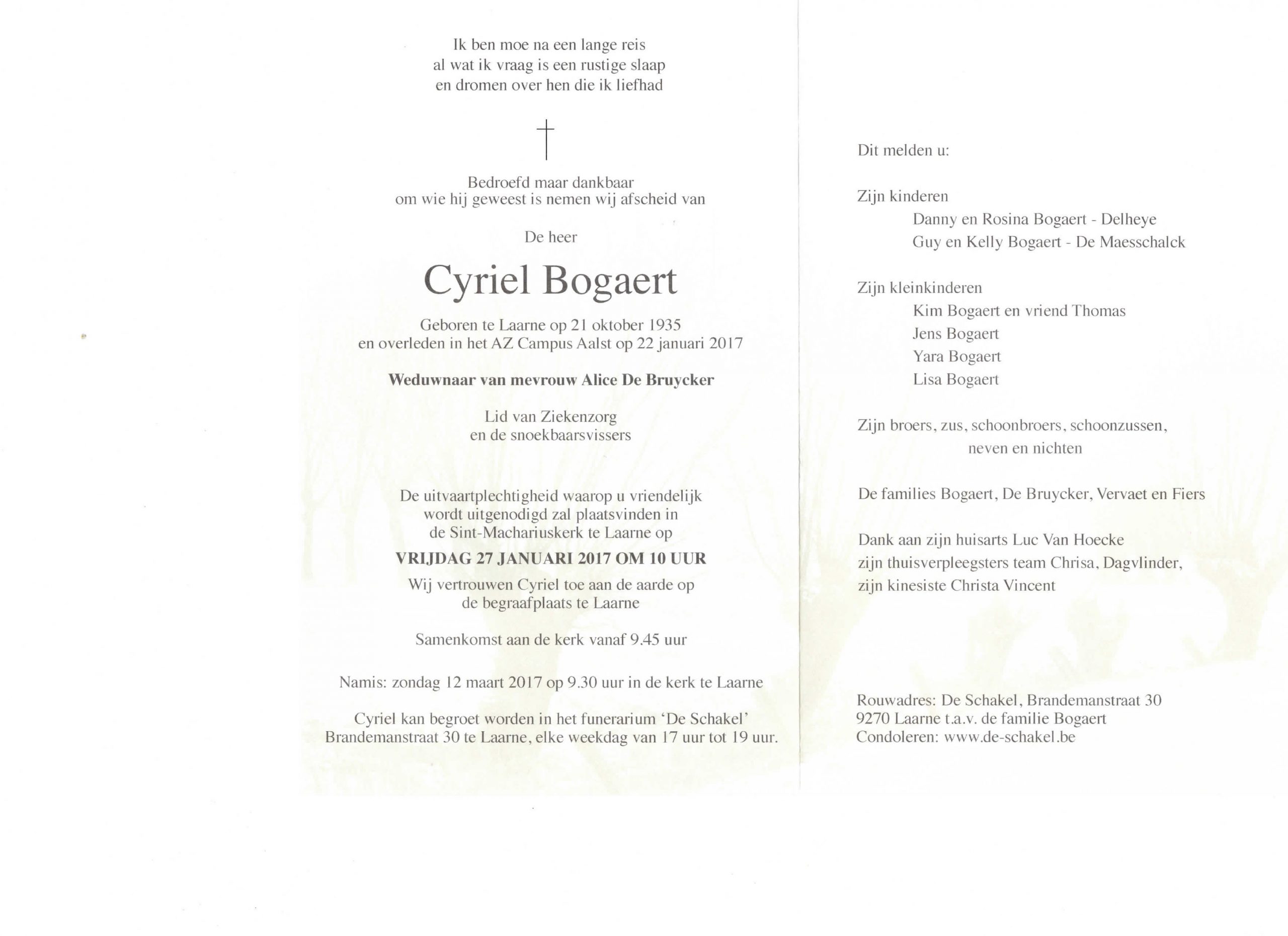 Met droefheid melden wij u het overlijden van Cyriel Bogaert