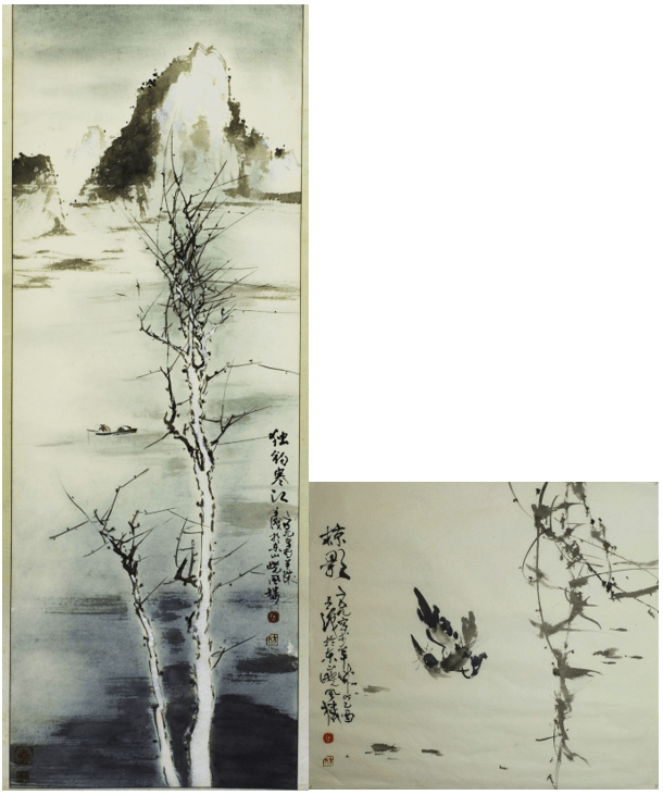 《独钓寒江》（1998年，210 x 45 cm）和《掠影》（2005年，136 x 72 cm）