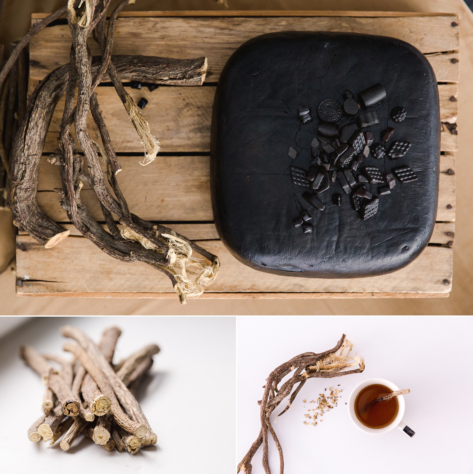 Natural photos of licorice root, licorice tea and licorice