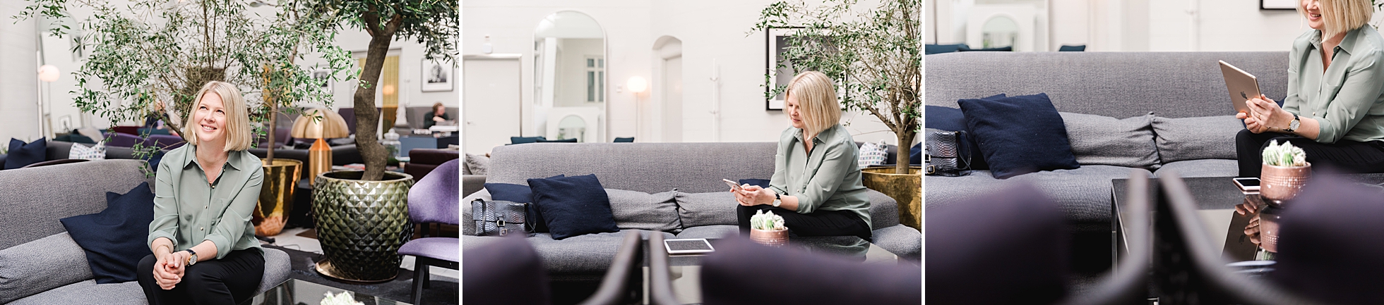 A female entrepreneur sitting in a hotel lounge in Stockholm