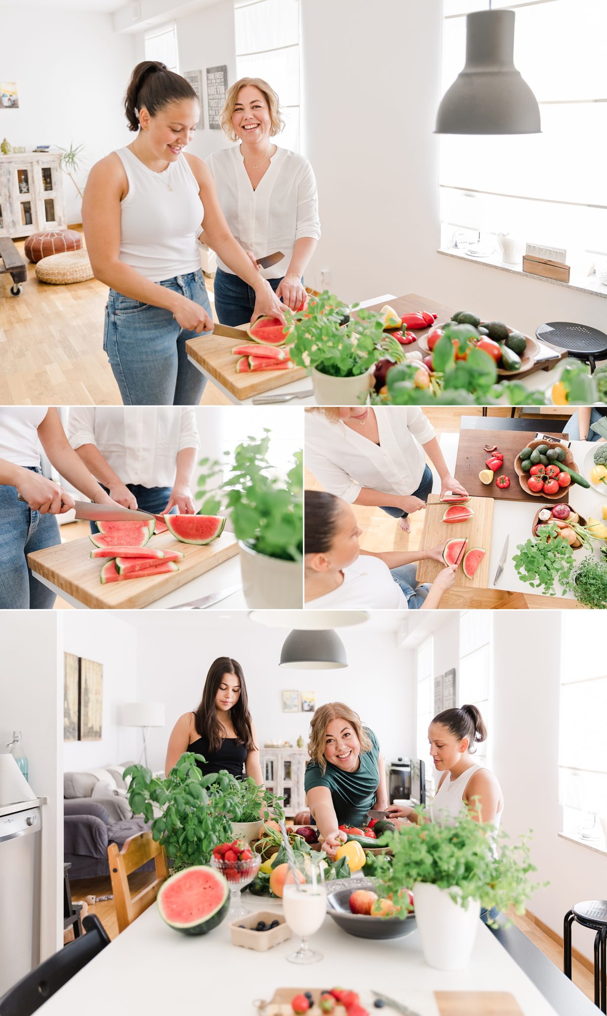 A woman and her daughters preparing healthy food