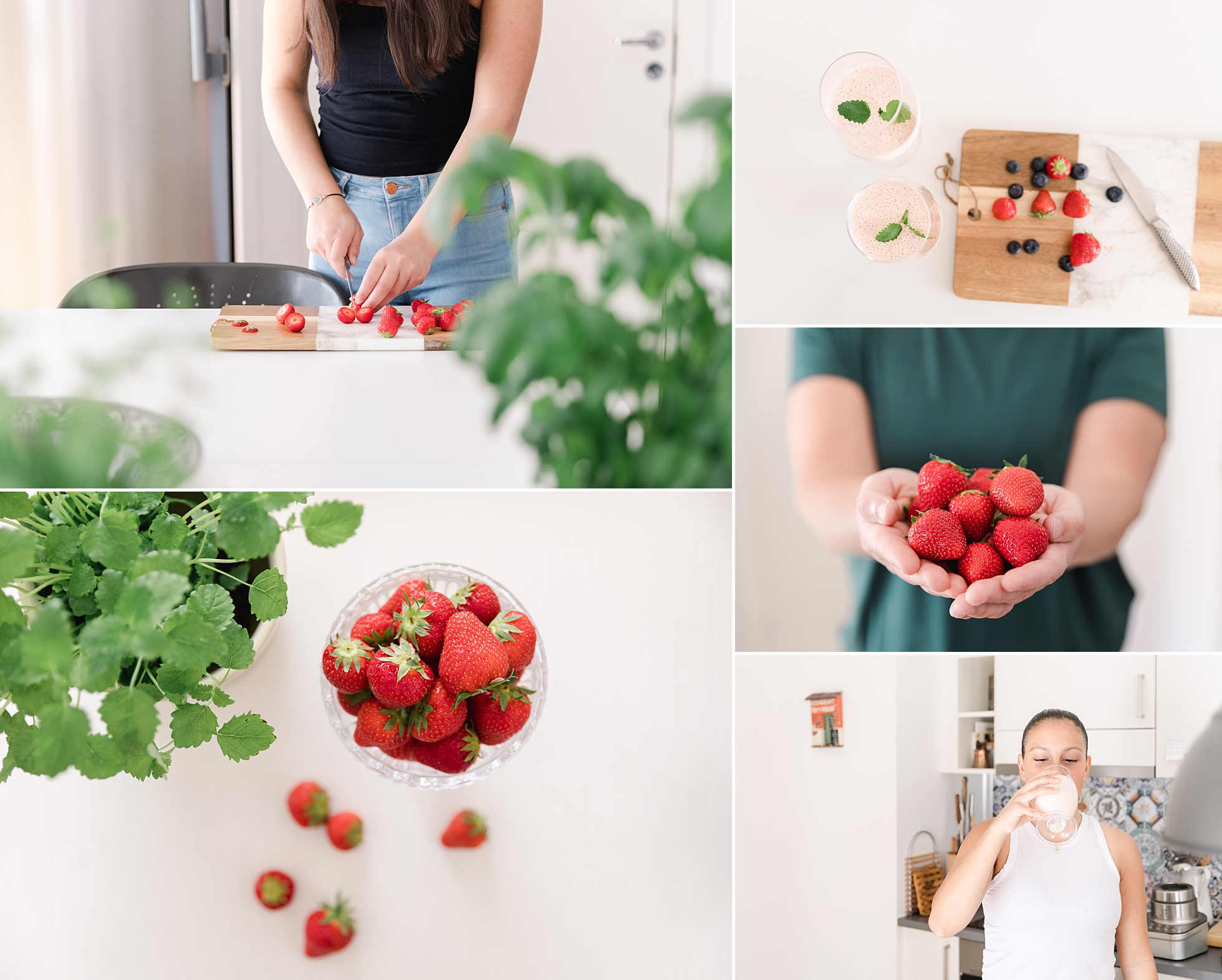 Strawberries and blueberries and a girl drinking a smoothie