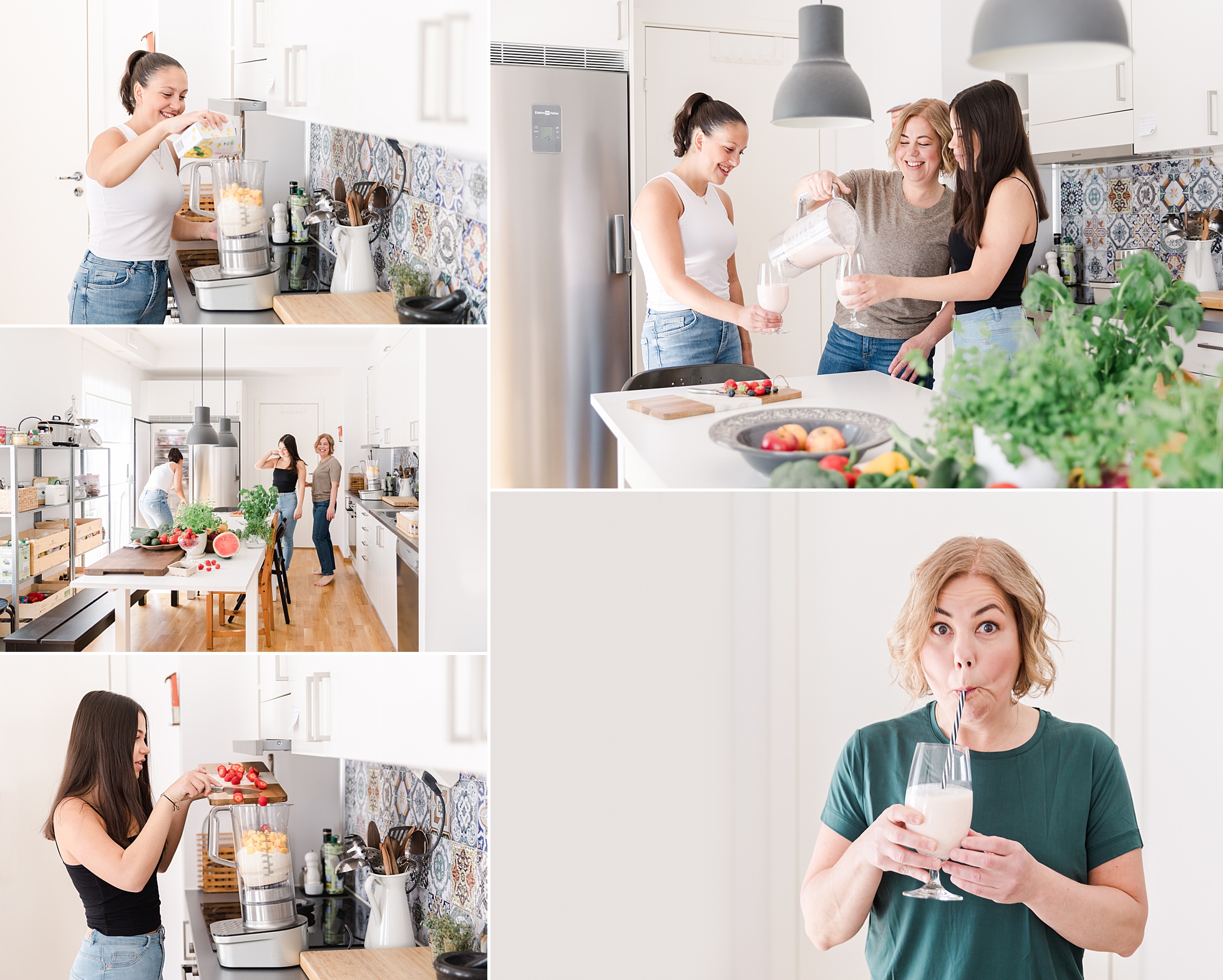 A woman and her daughters preparing a smoothie