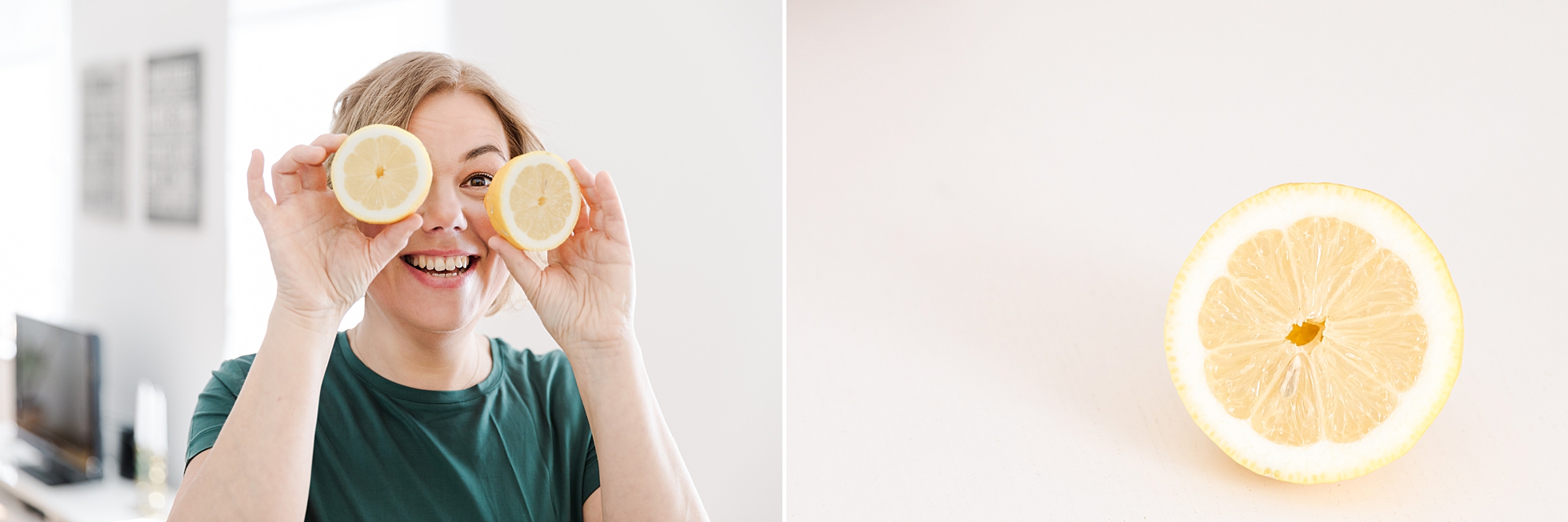 A woman holding up a lemon and smiling