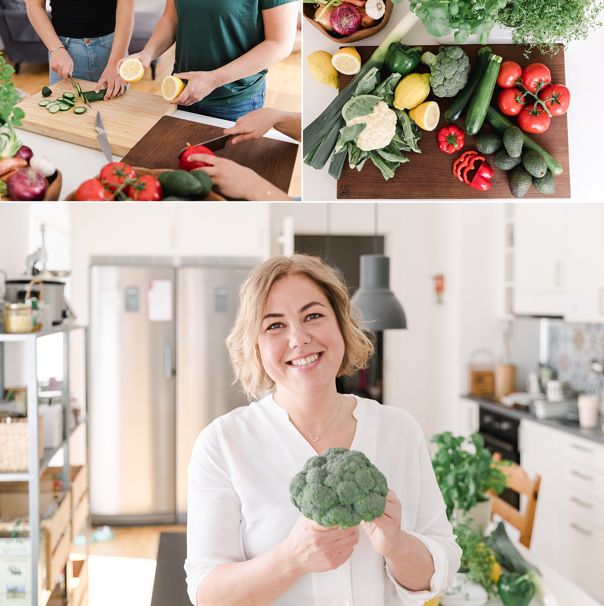 A collage of a woman holding broccoli and preparing healthy food
