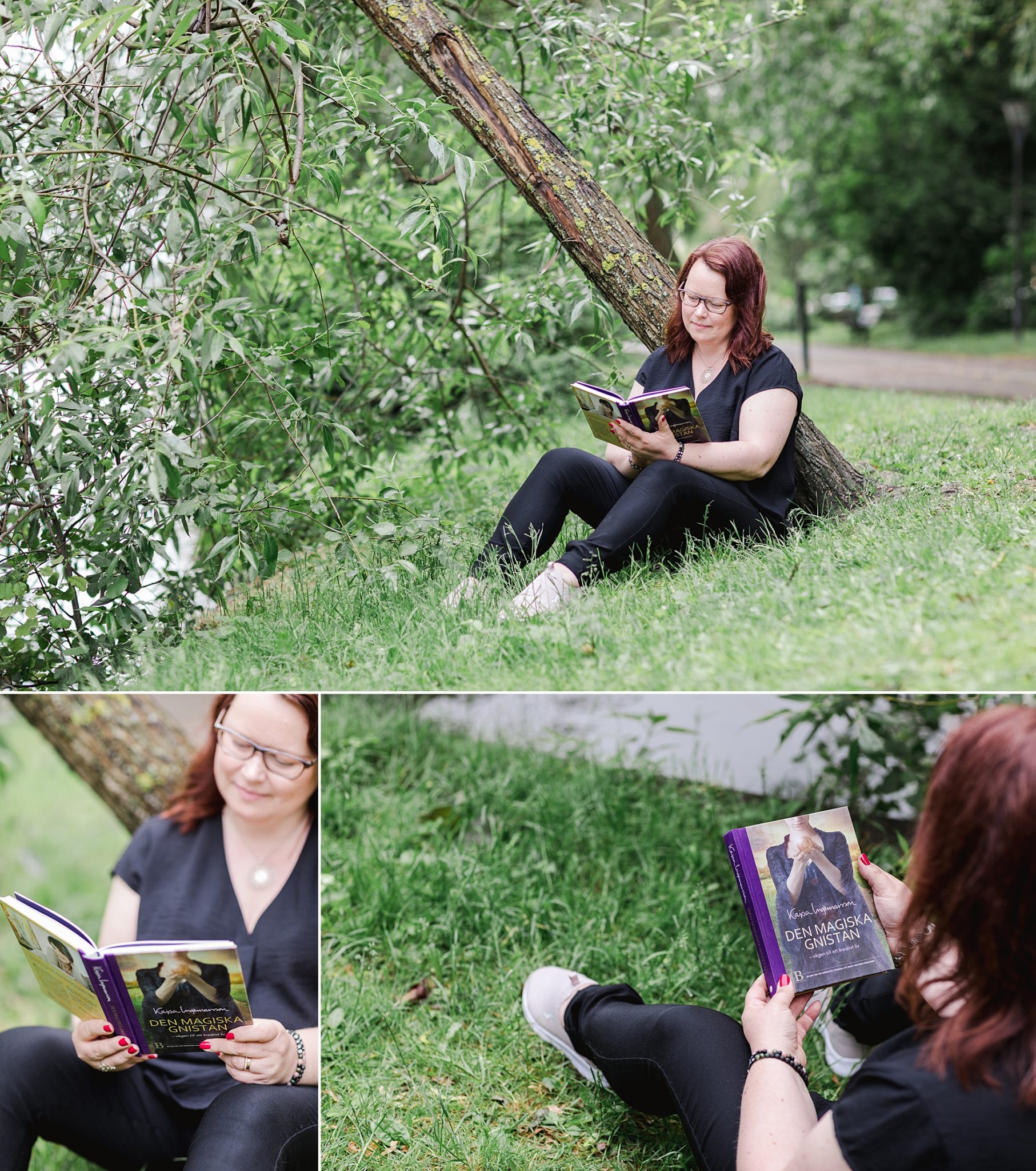 A woman sitting in a park reading a book