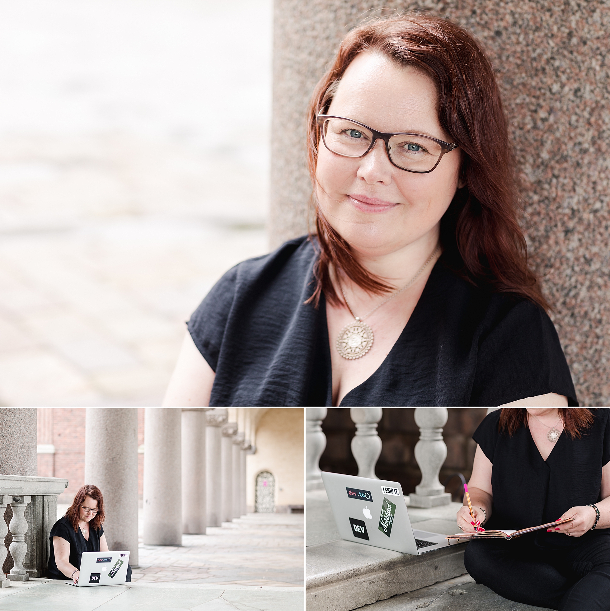 A photo collage of natural portraits of a female entrepreneur
