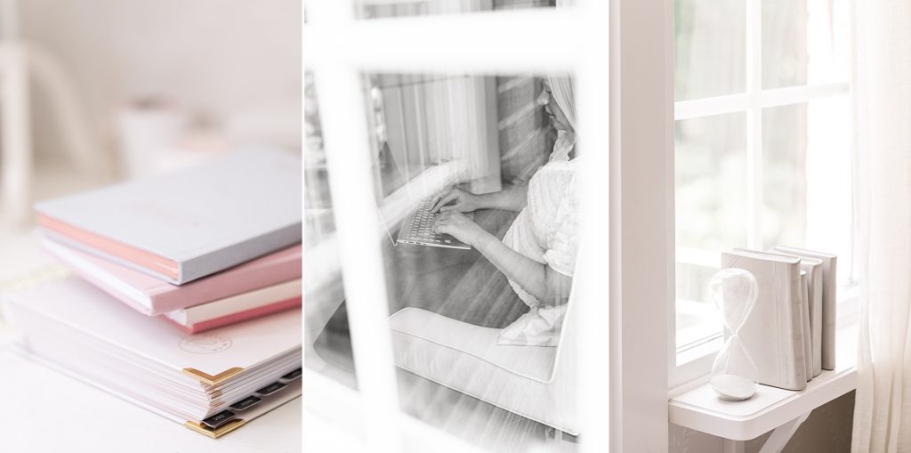 "a collage of three photos including a pile of books, a female entrepreneur typing on a laptop and a window taken by Janine Laag at Lumeah Photography"