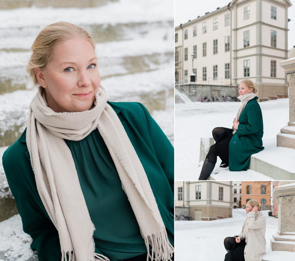 "a collection of photos of a female business woman in snowy Stockholm taken by Janine Laag at Lumeah Photography"
