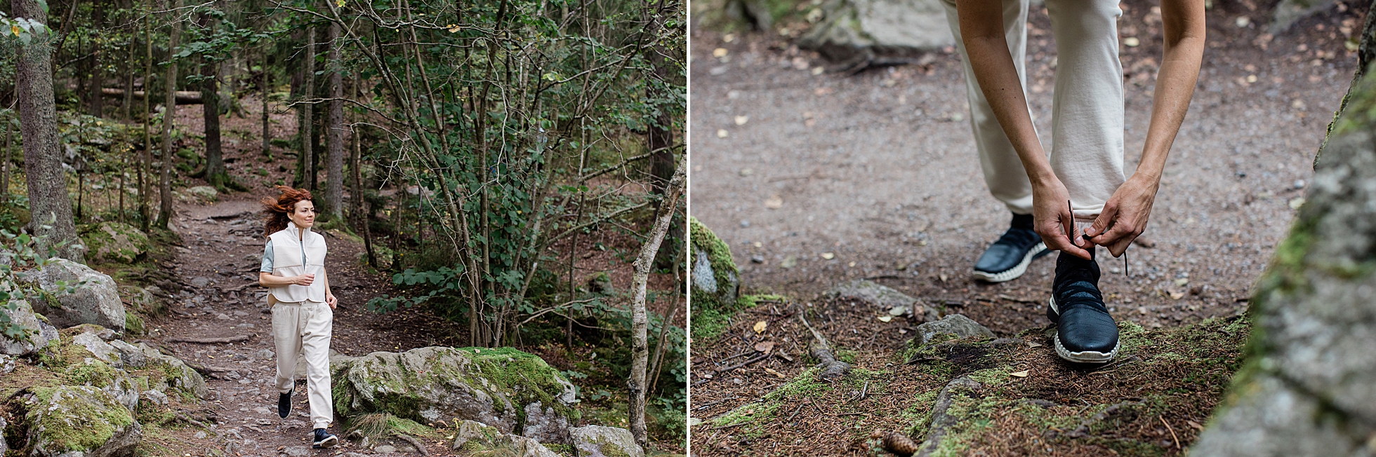 photos of writer Alexandra Mateus running in the forest and tying her shoelaces