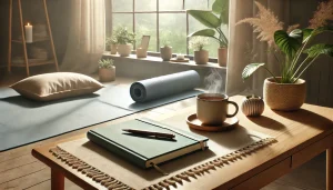 Journaling ved et skrivebord med en kop kaffe i en rolig, minimalistisk atmosfære, der symboliserer små vaner og personlig udvikling