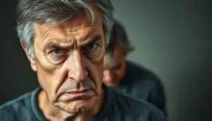 A middle-aged person experiencing severe stress symptoms, depicted through a realistic portrait. In the foreground, the subject's face is tense, with furrowed brows, a worried expression, and visible signs of fatigue. The lighting is dramatic, casting shadows that accentuate the subject's weary features. In the middle ground, the body language suggests a slumped, overwhelmed posture, conveying a sense of physical and emotional burden. The background is muted, with soft, blurred tones to draw the viewer's focus to the central figure. The overall mood is one of anxiety, tension, and the need for relief through body-based therapy.