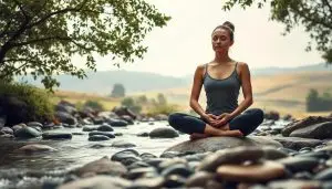 A serene and tranquil scene depicting the practice of body-centered therapy for achieving balance and restoring inner harmony. In the foreground, a person sits in a meditative pose, eyes closed, palms resting gently on their lap. The middle ground features an array of natural elements, such as smooth river stones, gently flowing water, and lush foliage, creating a calming and grounding environment. The background showcases a pastoral landscape with rolling hills, a clear sky, and soft, diffused lighting, conveying a sense of peace and wholeness. The overall atmosphere evokes a feeling of deep relaxation, introspection, and the therapeutic restoration of one's physical, emotional, and energetic balance.