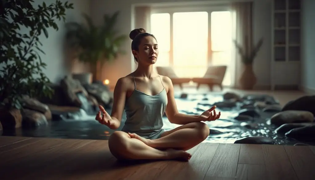 A serene, atmospheric scene of a person engaged in kropsterapi, a holistic therapeutic approach focused on the body's healing. The foreground depicts a calm, introspective figure seated in a relaxed lotus position, their eyes closed in deep meditation. Soft, diffused lighting illuminates their peaceful expression, conveying a sense of tranquility and inner calm. The middle ground features soothing natural elements, such as flowing water, lush foliage, and smooth river stones, creating a harmonious, restorative environment. The background showcases a minimalist, Scandinavian-inspired interior, with clean lines, neutral tones, and a sense of spaciousness that enhances the meditative ambiance. The overall composition aims to evoke a serene, rejuvenating atmosphere that aligns with the article's focus on using kropsterapi for stress reduction and relaxation.