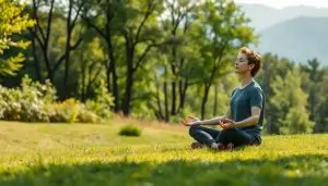 Serene outdoor scene with a person practicing mindful meditation techniques. Foreground shows a calm individual sitting cross-legged on a grassy meadow, eyes closed, hands in a resting position. Middle ground features a lush forest with vibrant greenery, dappled sunlight filtering through the trees. Background showcases a distant mountain range, hazy and peaceful. Soft, natural lighting creates a tranquil, harmonious atmosphere. Convey a sense of inner focus, stress relief, and connection with nature. Minimal distractions, clean composition emphasizing the meditative pose and the calming natural surroundings.