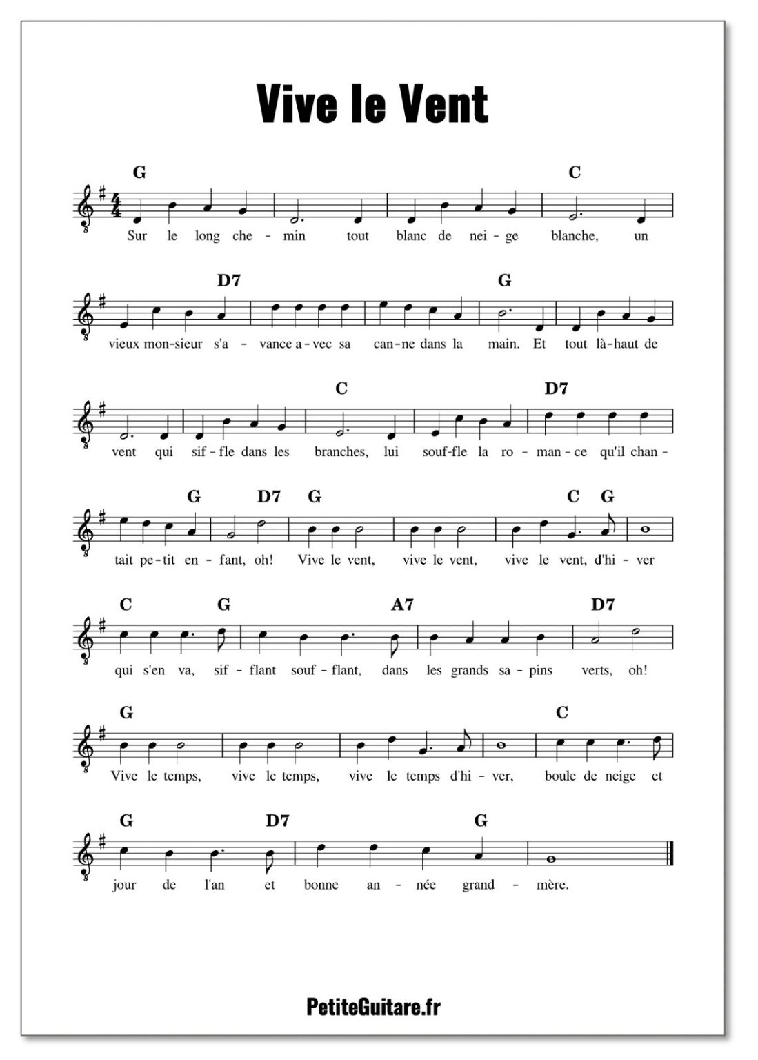 Vive le Vent Partition, Tablature et Accords PetiteGuitare