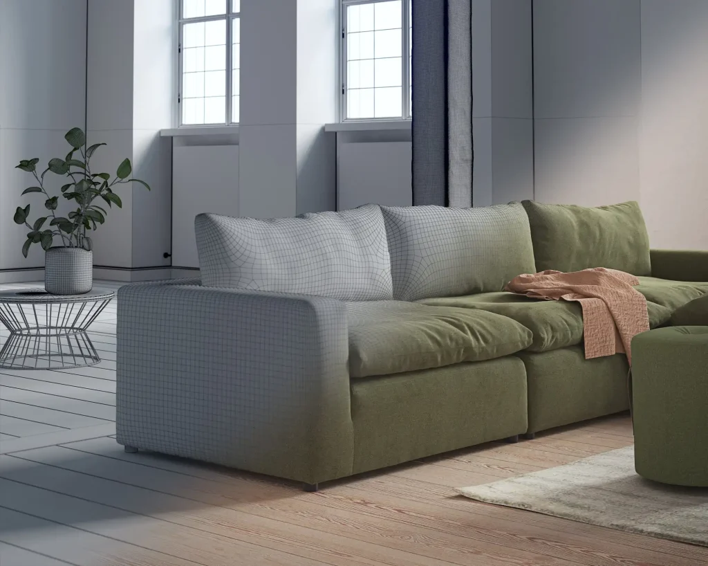 3D wireframe and photorealistic render of an olive green modular sofa in a modern living room.