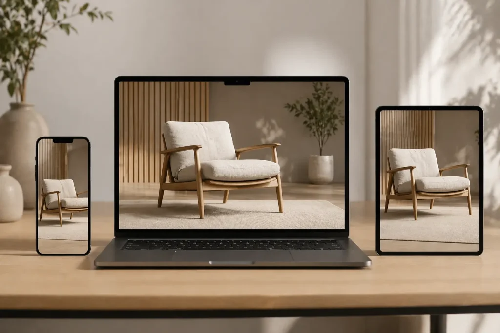 chair rendering being able to use across different devices and channels, 3d rendering, furniture visualisation