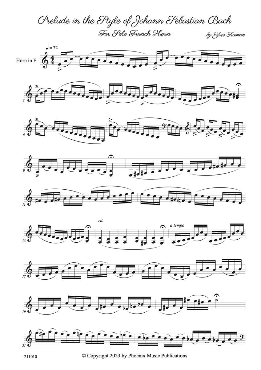 Prelude in Style of Bach for Solo French Horn - Phoenix Music Publ