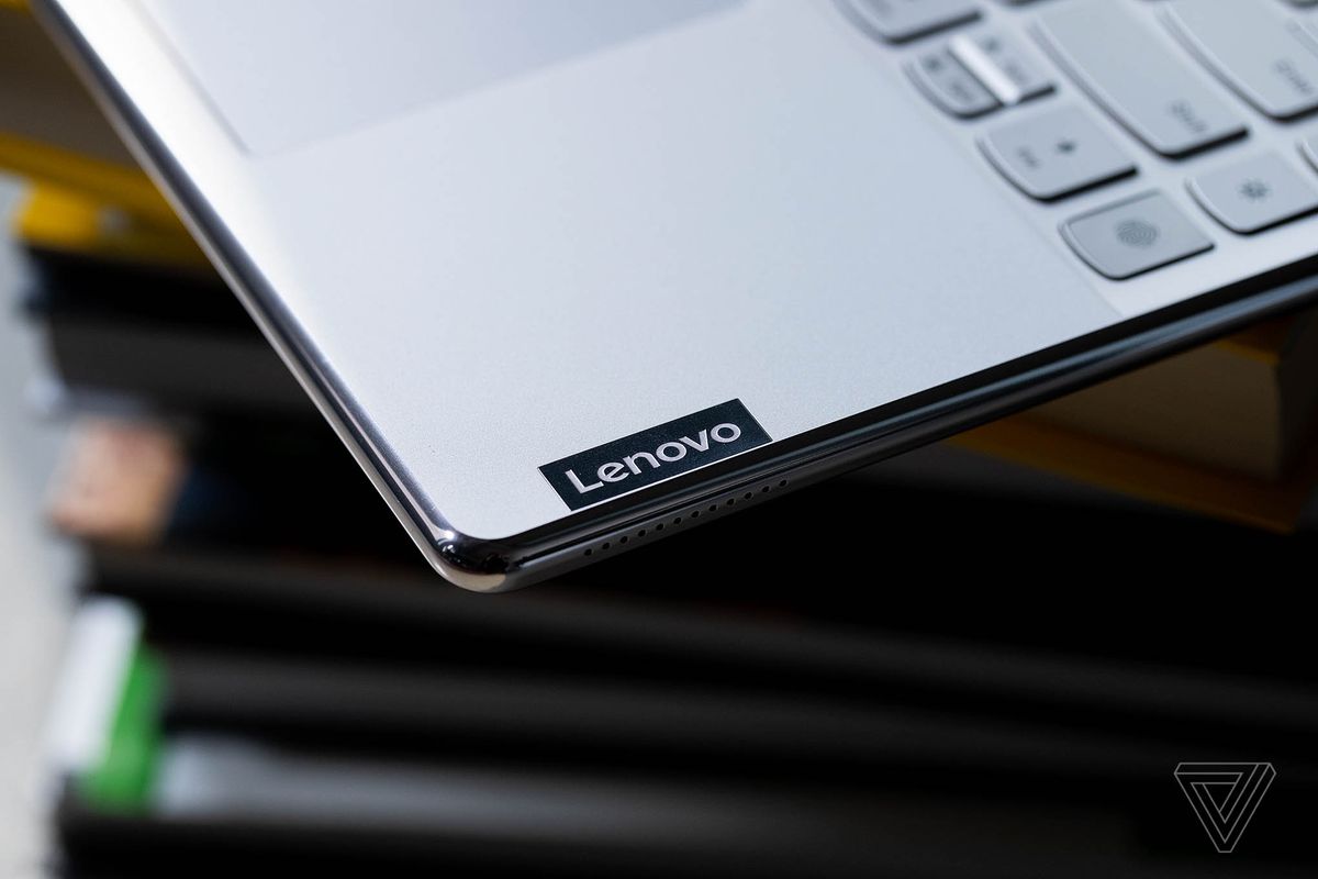 The Lenovo logo on the Lenovo Yoga 9i seen up close.