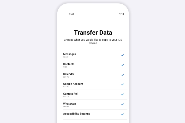The Move to iOS app, showing an option to transfer WhatsApp messages from an Android phone to an iPhone.