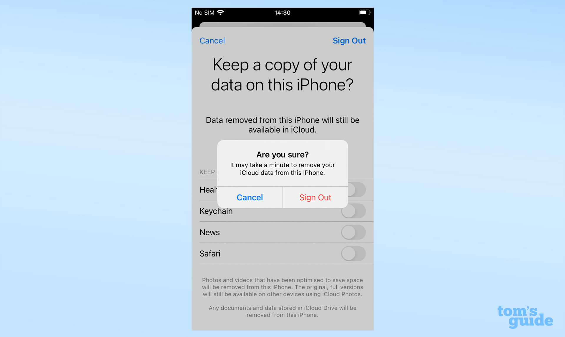 A screenshot of the iOS settings app, showing the final sign out pop-up from signing out of Apple ID