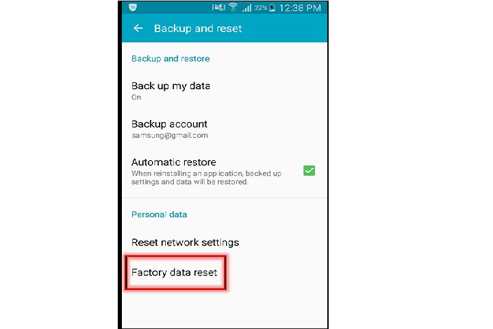 Factory data reset option on Samsung device.