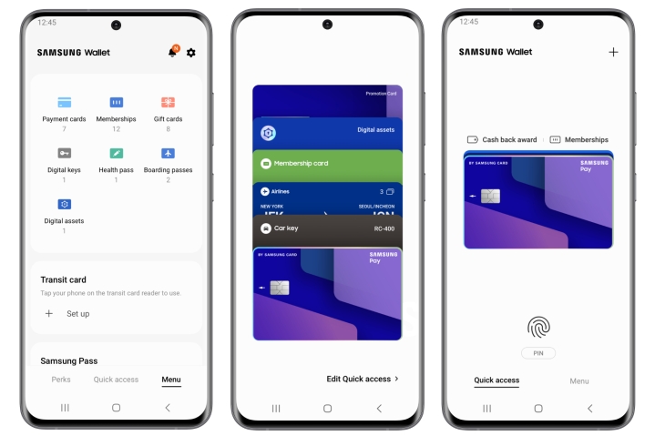 Screenshots of the new Samsung Wallet app.