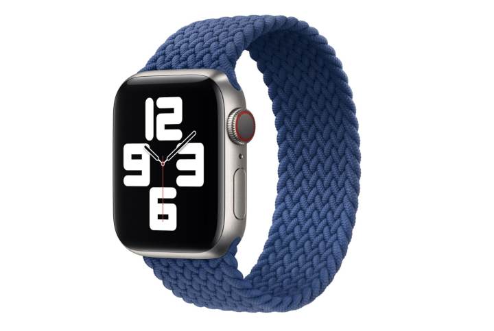 The Apple Watch with the Apple Braided Solo Loop band in blue.