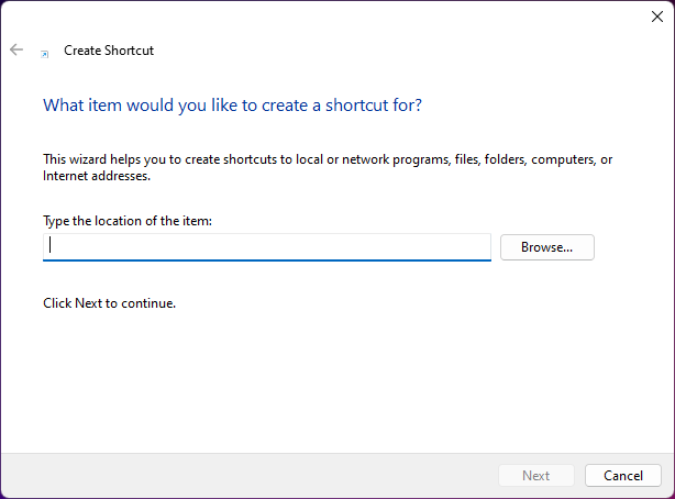 Windows 11 Create Shortcut window