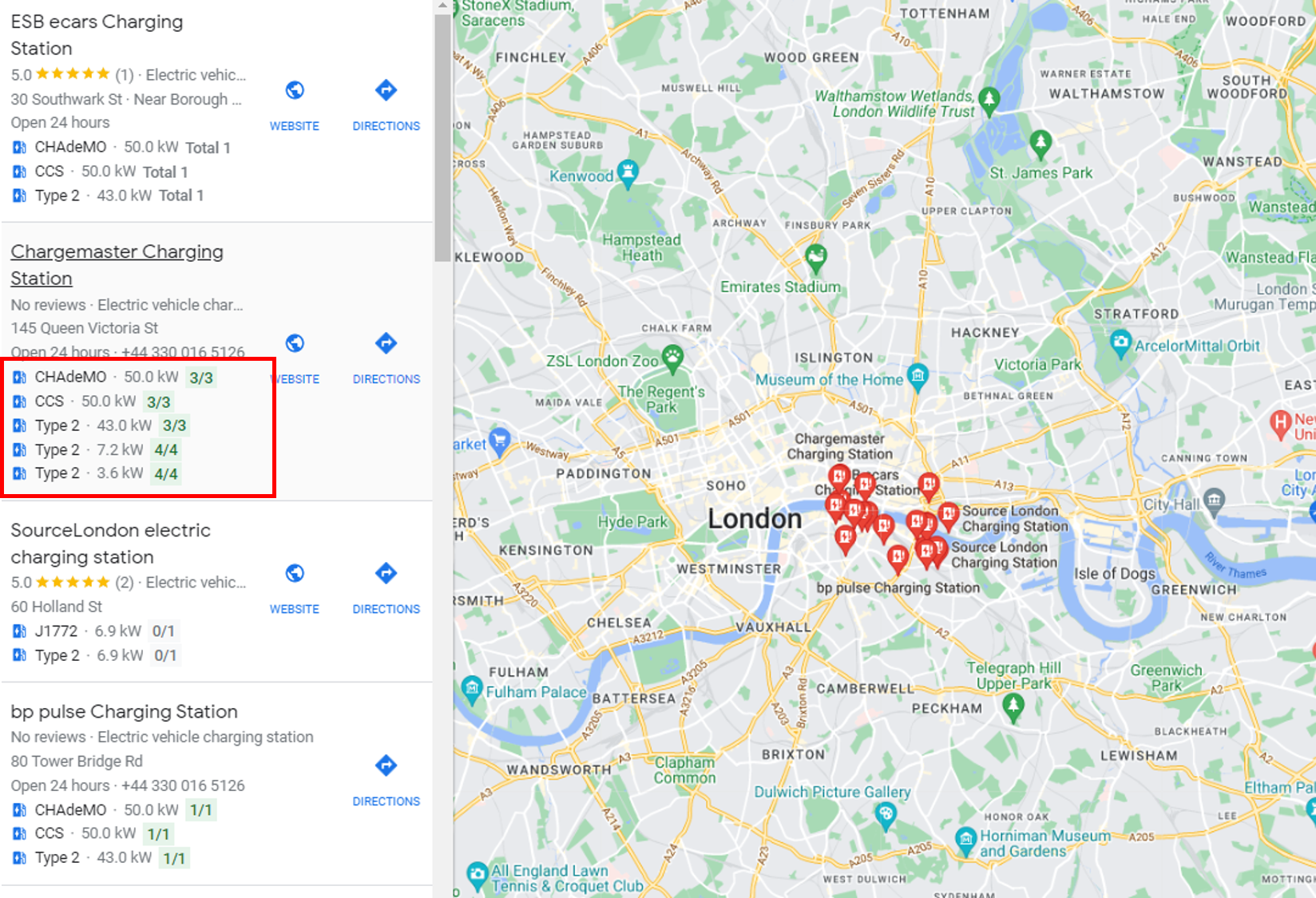 Google Maps showing the location and detailed information about electric vehicle charging stations in London