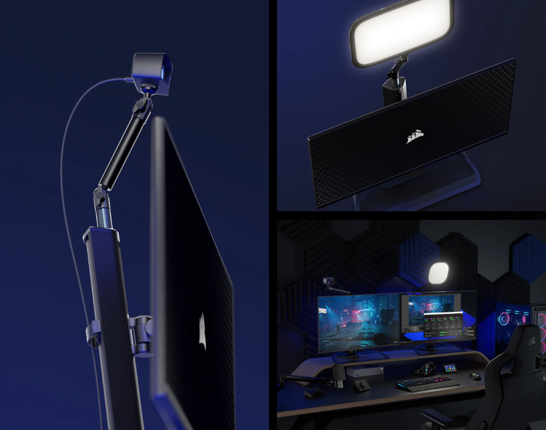 Xenon streaming hardware mount in three different photos: camera, light, dual monitor setup