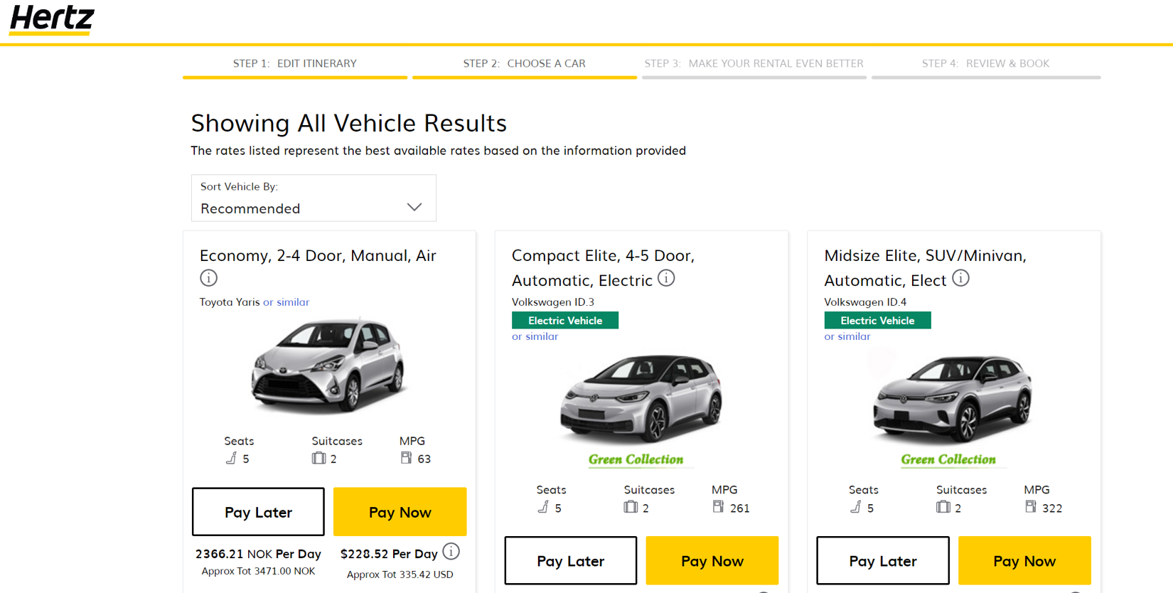 A search result page for Hertz rental cars in Europe showing two electric vehicle options prominently