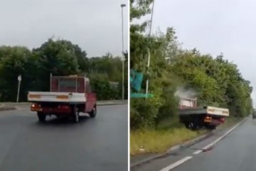 Watch as van driver takes a roundabout too quickly and SPINS off