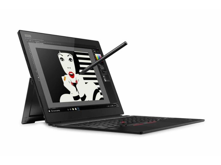 A stylus touches a Lenovo ThinkPad X1 Tablet Gen 3 on white background.