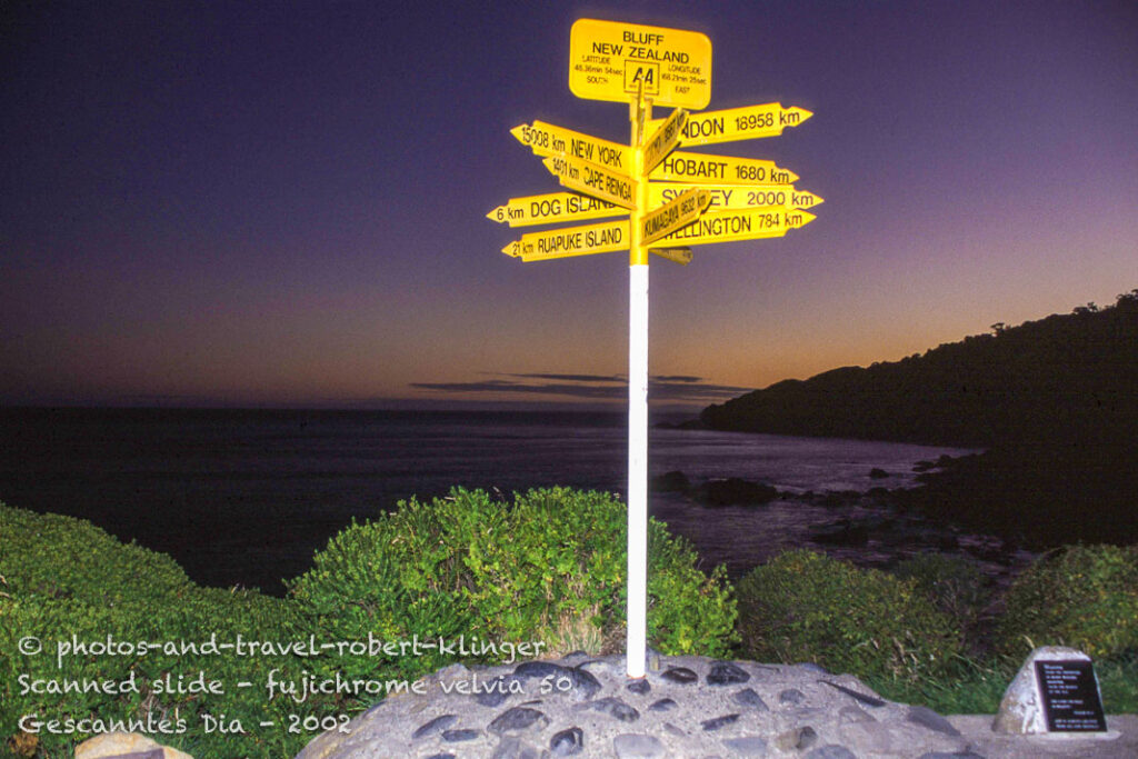 The signpost of Bluff, New Zealand, in the blue hour