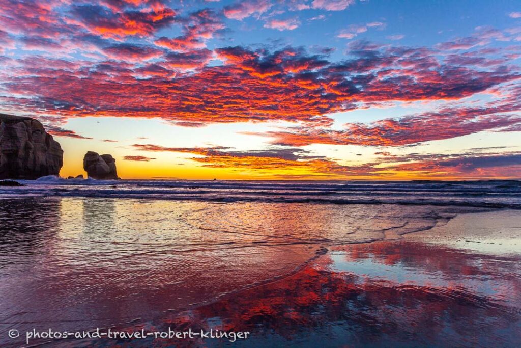 A beautiful sunrise on Brighton Beach, close to Dunedin, New Zealand