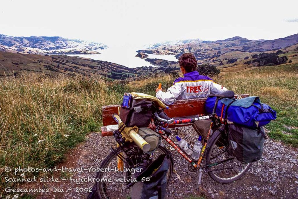 A cyclist having a rest in the banks peninsula