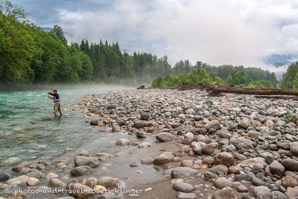 A spey fisherman on the upper Pitt river, BC