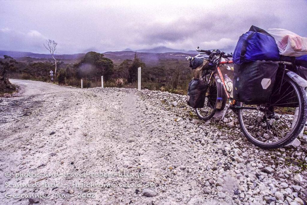 A heavy loaded bicycle at the west coast of Tasmania