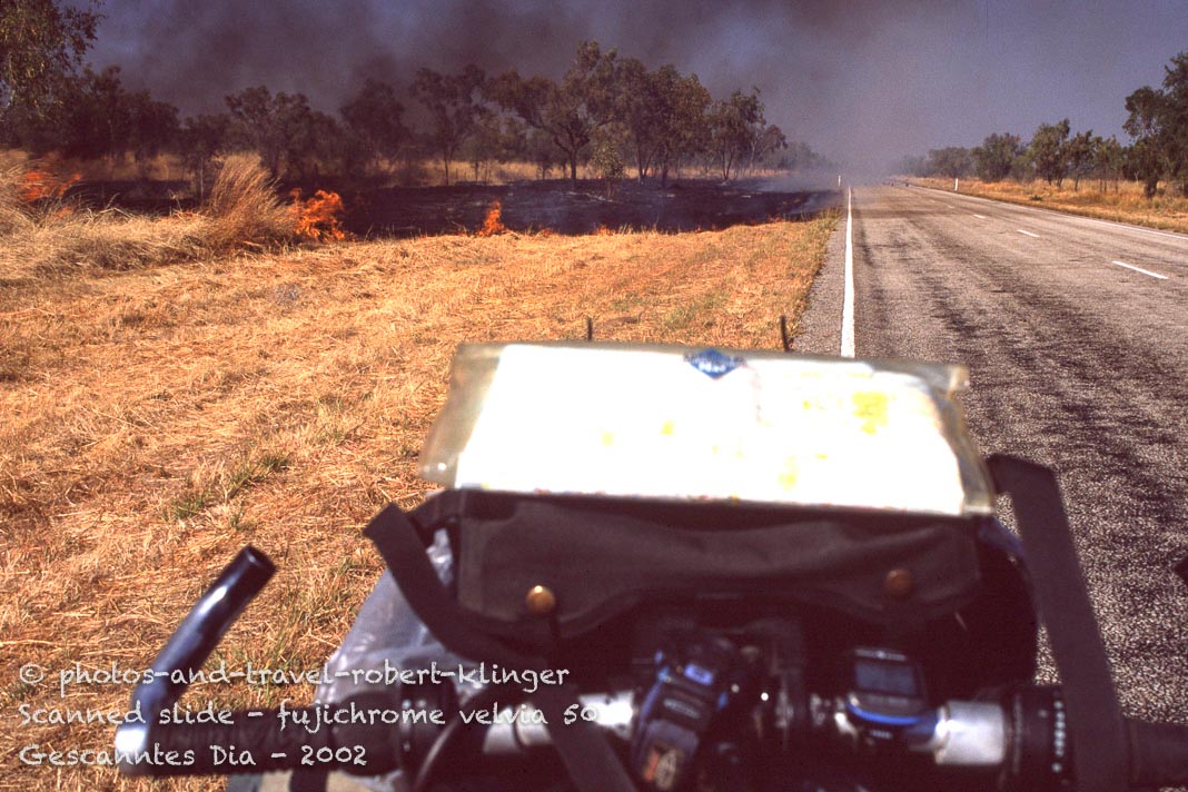 Crossing a bush fire by bicycle in Australia
