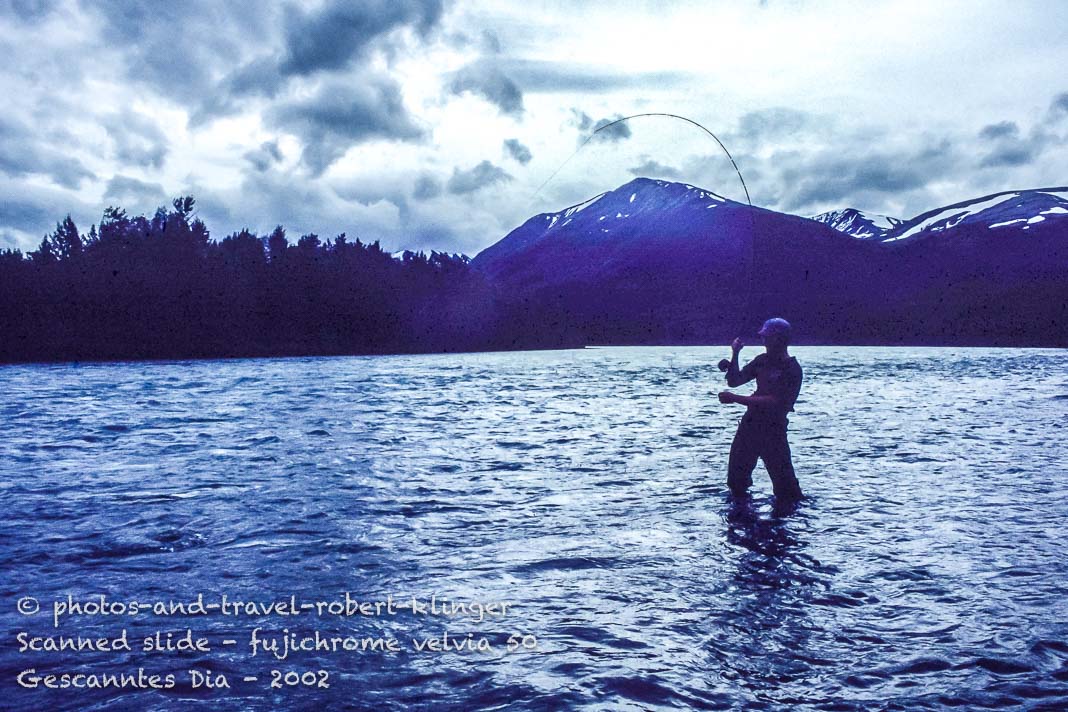 A flyfisherman catching a salmon in Alaska
