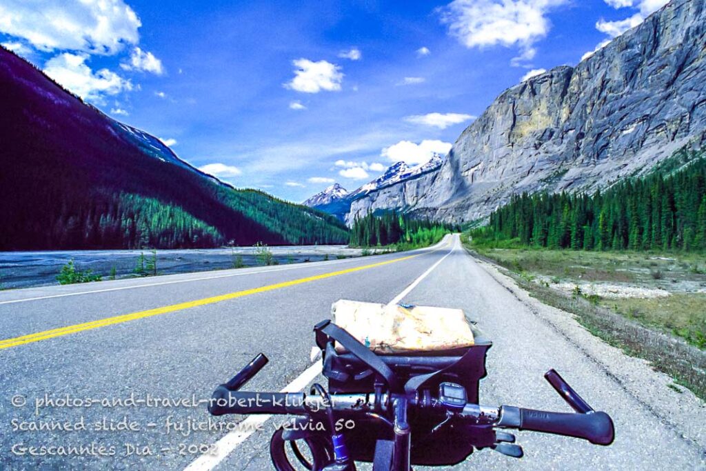 View from a bicycle along the icefields parkway